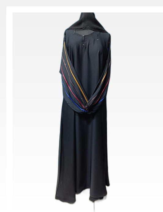 Chic Black Nida Abaya with Colorful Beaded Accents