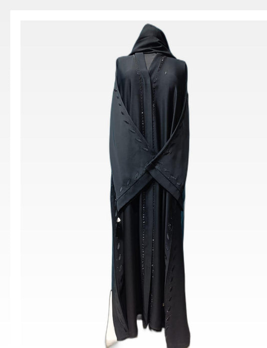 Elegant Black Nida Abaya with Beaded Wide Sleeve Design