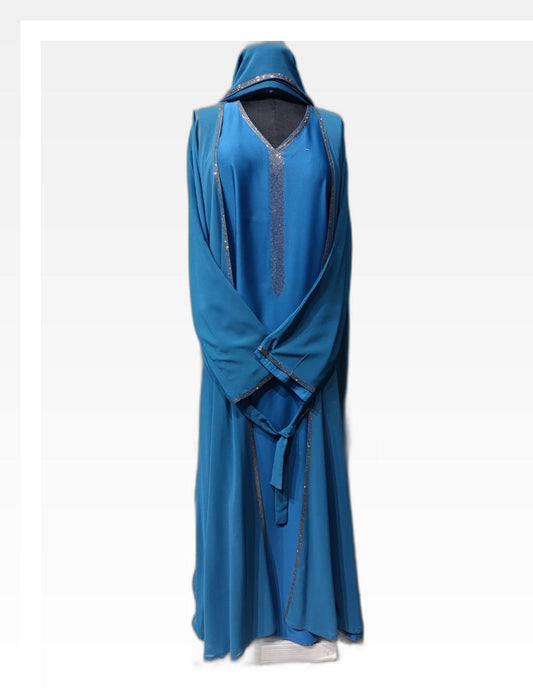 Sky Blue Double Gaon Abaya with Beaded Detailing