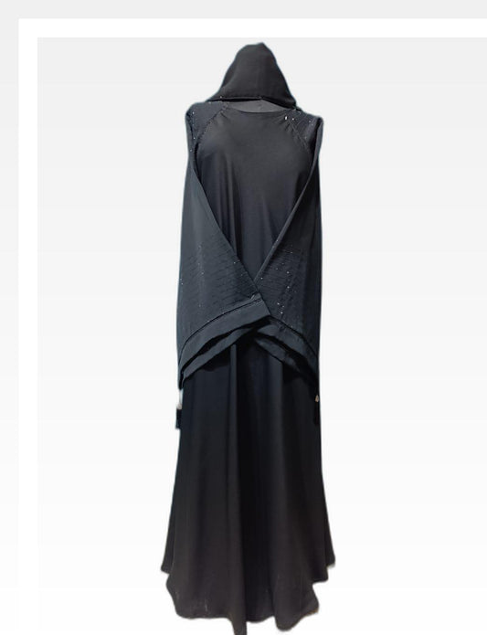 Black Nida Abaya with Beaded Shoulder & Front Button Detailing