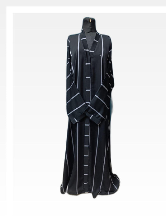 Black Nida Abaya with White Self-Printed Stripes