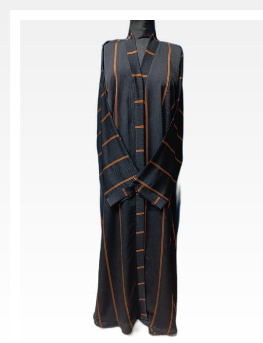 Black Nida Abaya with Orange Self-Printed Stripes