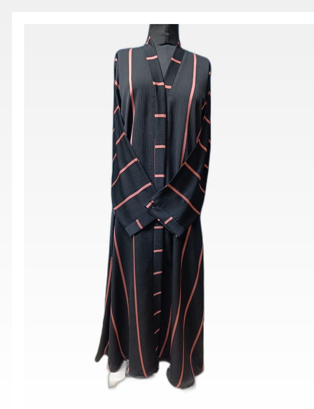 Black Nida Abaya with Pink Self-Printed Stripes