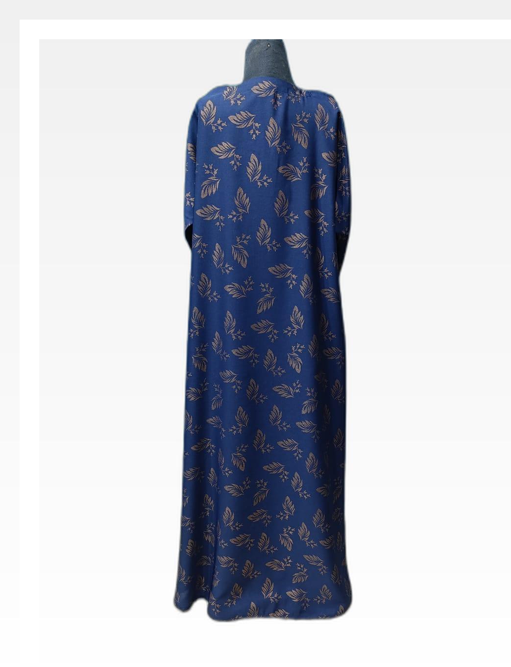 Blue Abaya with Golden Leaf Self-Printed Pattern