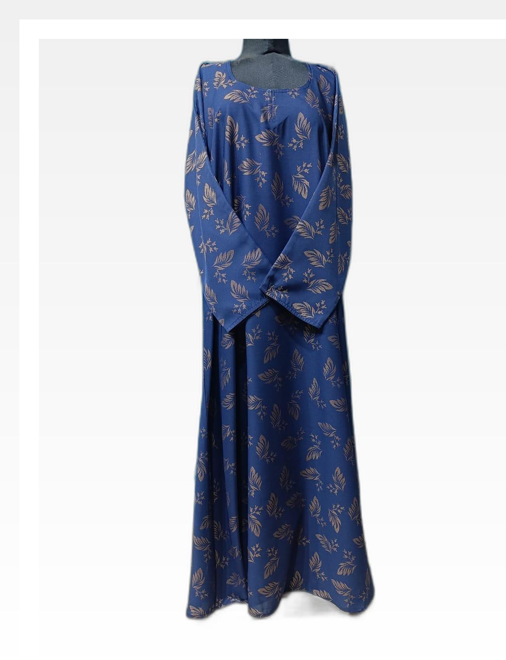 Blue Abaya with Golden Leaf Self-Printed Pattern