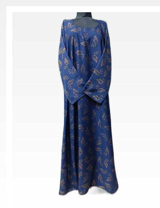 Blue Abaya with Golden Leaf Self-Printed Pattern