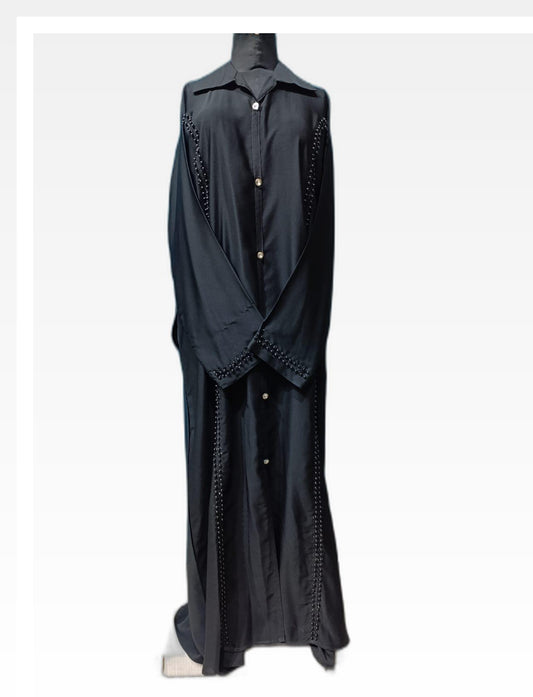 Elegant Black Abaya with Collar & Embellished Black Stones