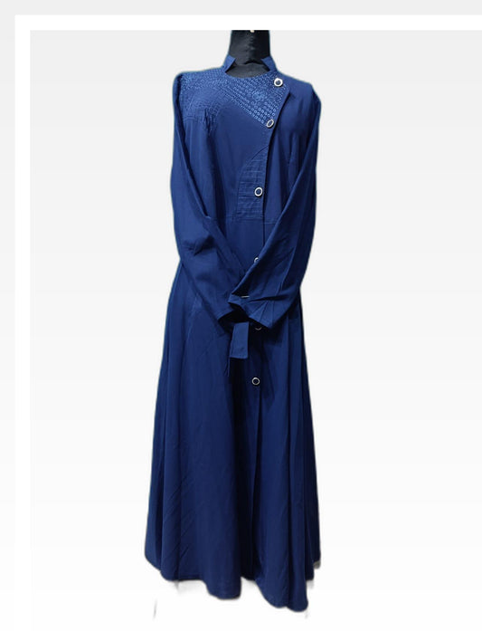 Blue Coat-Style Abaya with Belt & Elegant Embroidery