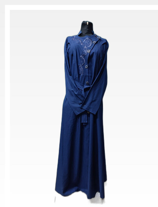 Elegant Blue Coat-Style Abaya with Belt & Embroidery