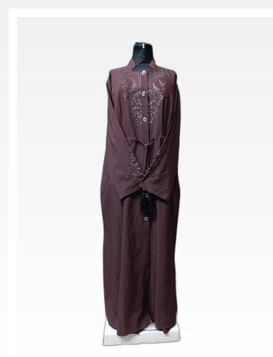 Elegant Brown Coat-Style Abaya with Sleeve Embroidery & Belt